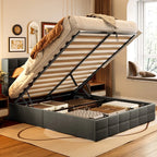 Cadre de lit relevable, sommier tapissier avec système de rangement hydraulique et tête de lit