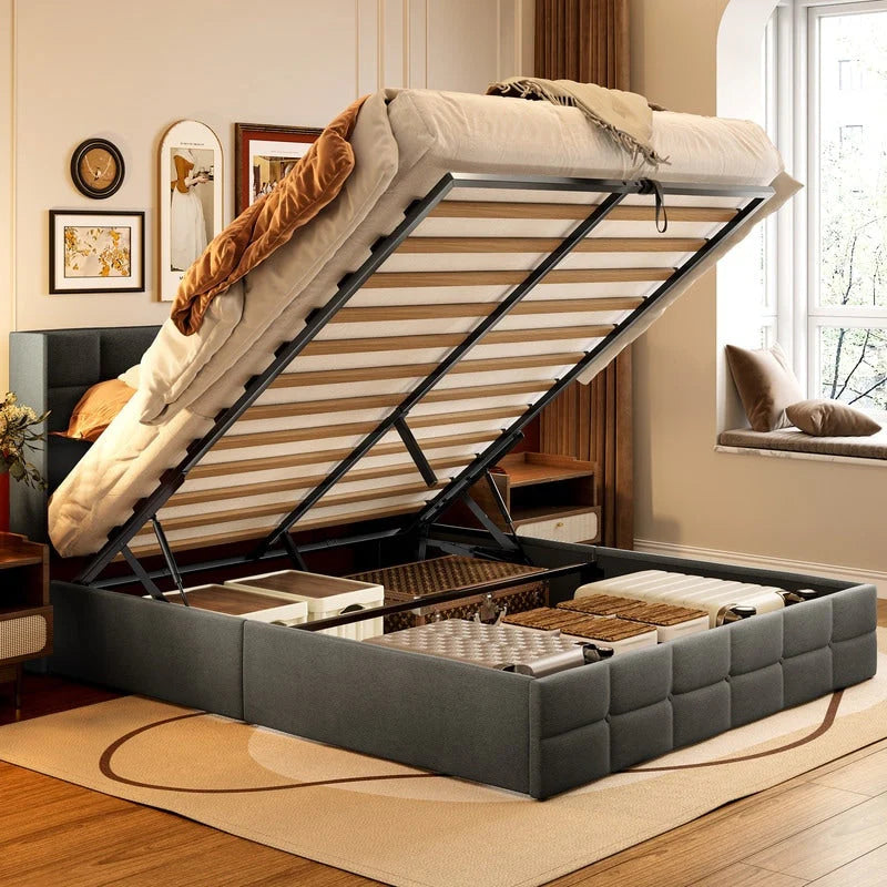 Cadre de lit relevable, sommier tapissier avec système de rangement hydraulique et tête de lit