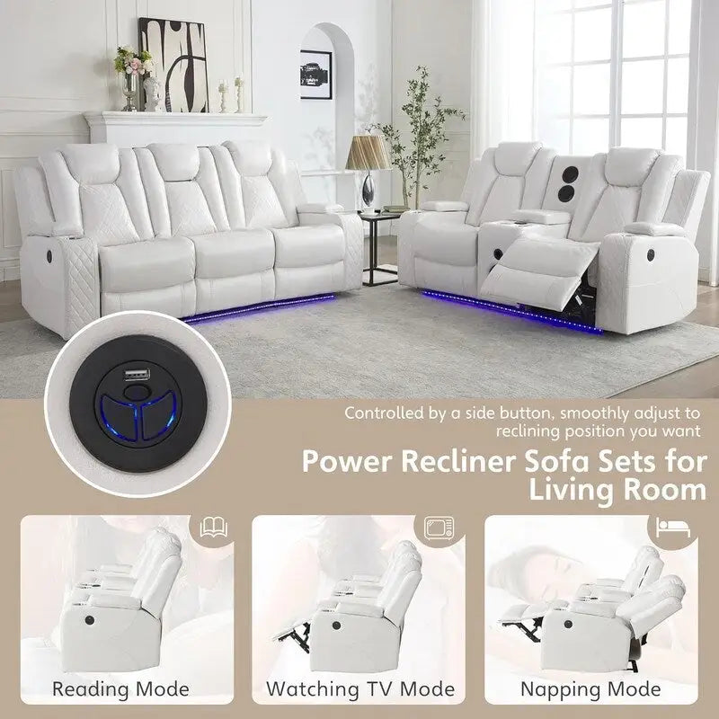 Canapé inclinable électrique avec chargeur sans fil, liseuse pour salon, lumière LED en similicuir, port AC/USB, porte-gobelet, noir