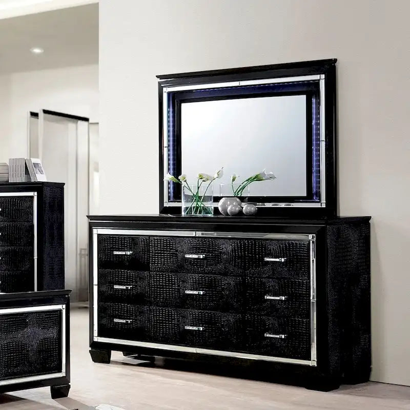 Commode et miroir contemporains 9 tiroirs Ruff Crocodile en bois en 2 pièces par Furniture of America