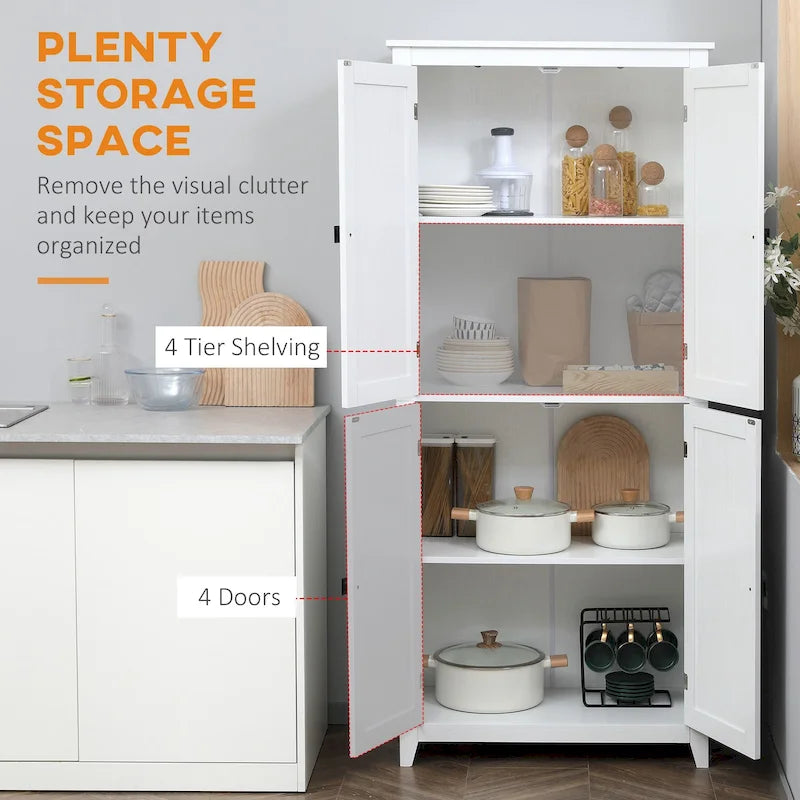 HOMCOM Grand garde-manger de cuisine autoportant de 183 cm, organisateur de rangement à 4 portes avec 4 niveaux et étagères réglables, blanc