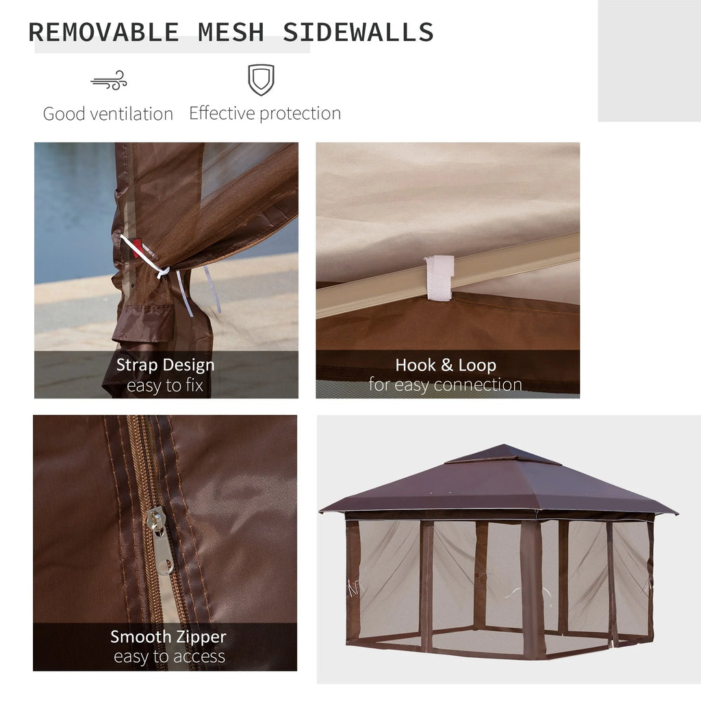 Outsunny 12 x 12 Tonnelle escamotable Pare-soleil Tente instantanée pliable avec filet latéral en maille, Hauteur réglable sur 3 niveaux