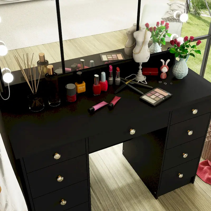 Coiffeuse LED de luxe avec 9 tiroirs, station de maquillage élégante