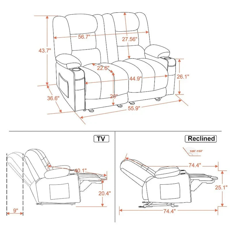 Causeuse inclinable électrique MCombo avec fonction chauffage et massage, en tissu PR648