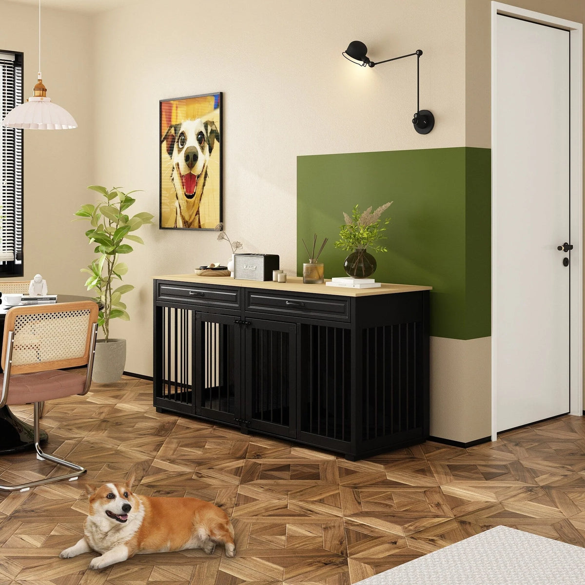 Meuble de chenil double en bois avec 2 tiroirs et séparateur