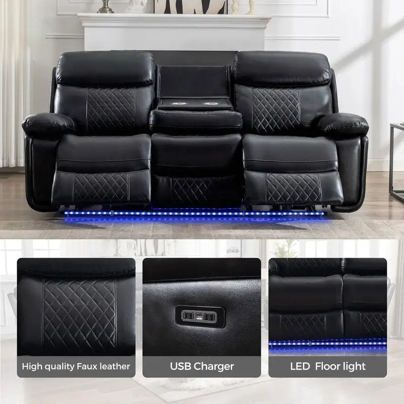 Canapé inclinable électrique avec chargeur sans fil, liseuse, lumière LED pour salon, similicuir, port AC/USB, porte-gobelet, noir
