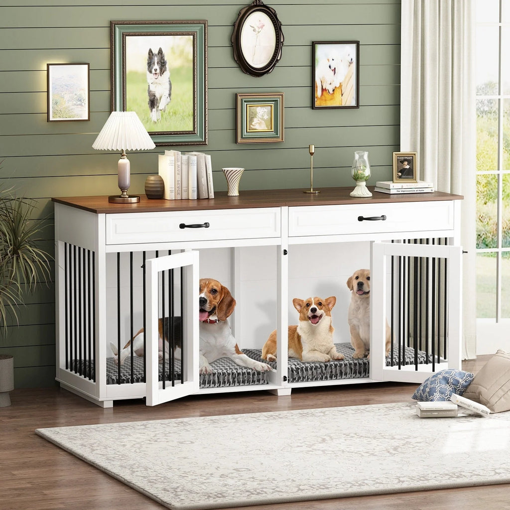 Meuble de chenil double en bois avec 2 tiroirs et séparateur