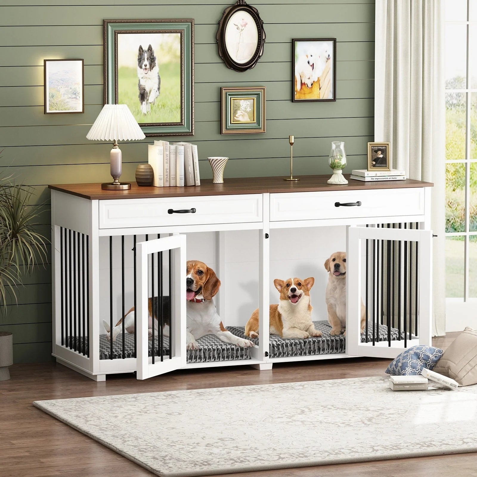 Meuble de chenil double en bois avec 2 tiroirs et séparateur