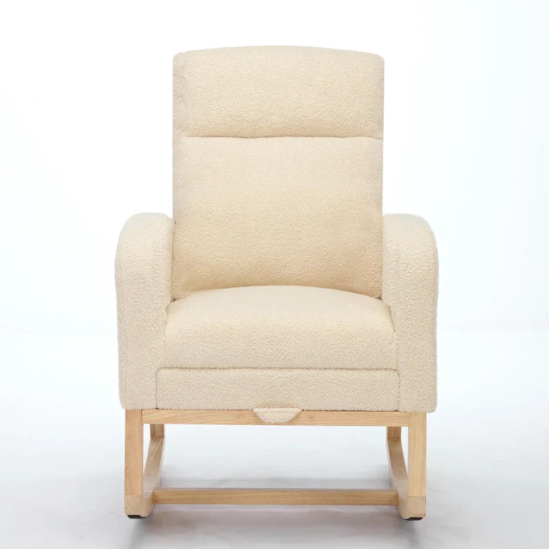 Fauteuil à bascule rembourré moderne de 75 cm de hauteur avec dossier haut, pieds en bois massif et repose-pieds réglable