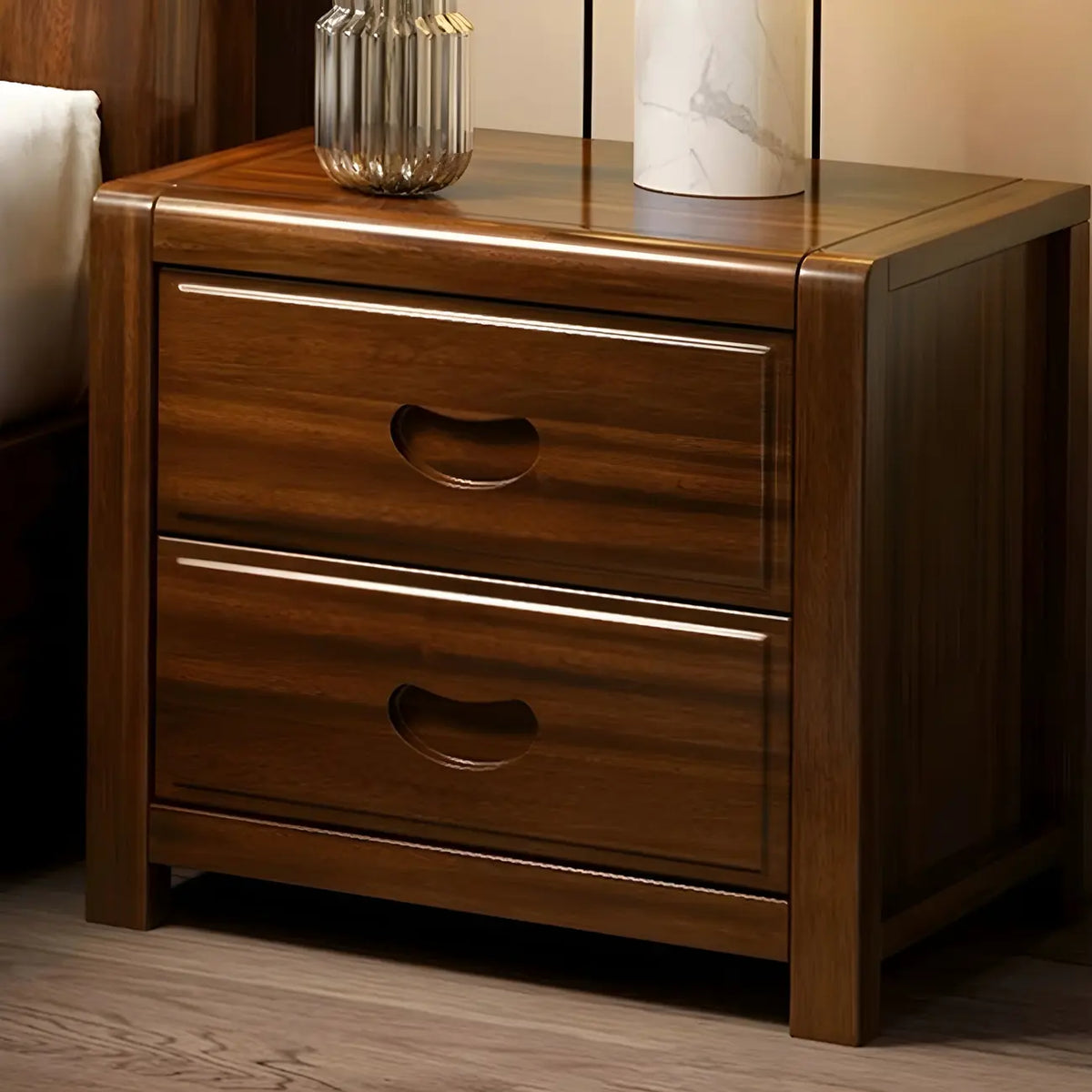 Petite Table de Chevet en Bois Marron Noyer Traditionnel à 2 Tiroirs