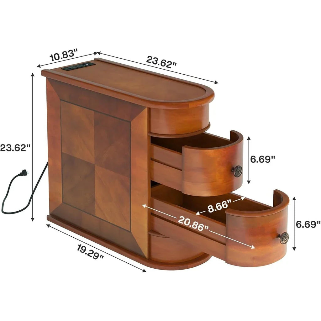 Table d'appoint de chevet en bois massif, table d'appoint étroite à deux tiroirs, fine
