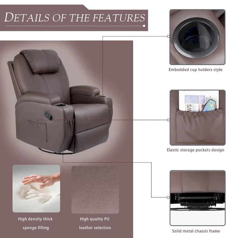 Fauteuil Inclinable de Massage Pivotant Chauffant en Similicuir pour Salon