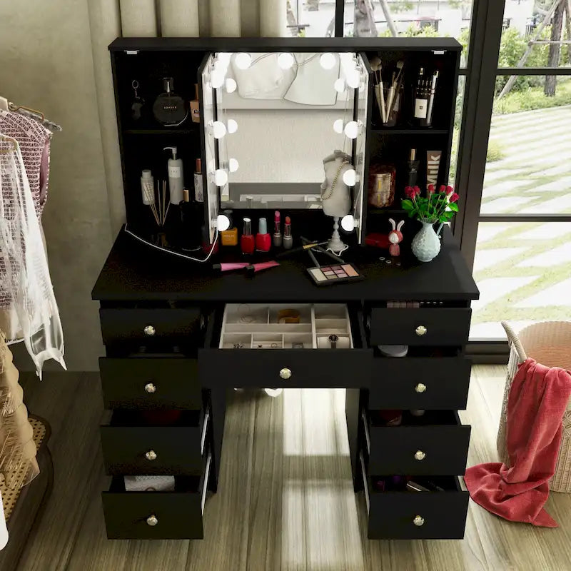 Coiffeuse LED de luxe avec 9 tiroirs, station de maquillage élégante