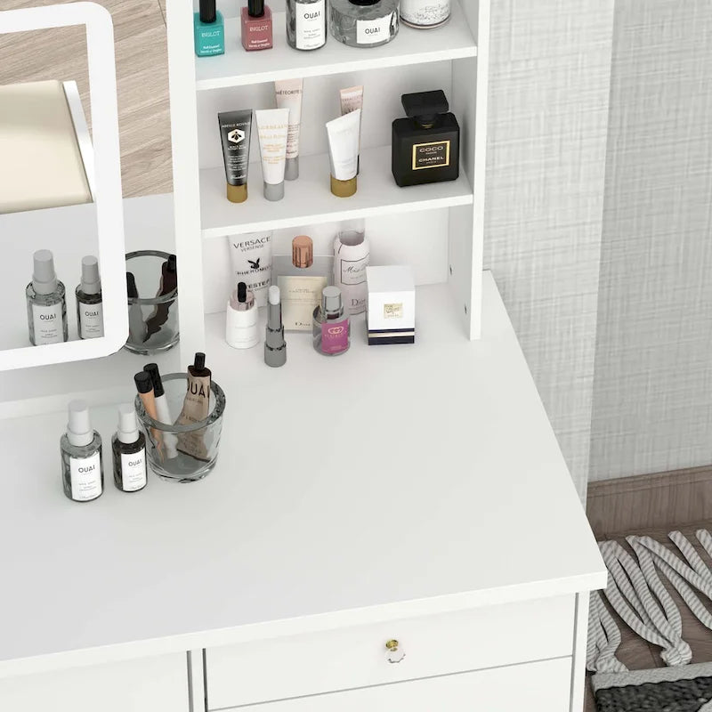 Coiffeuse Blanche avec Miroir LED et Tabouret - 100 cm de Large