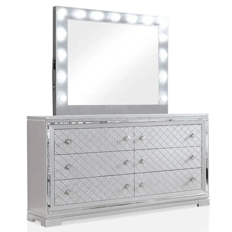 Ensemble de chambre à coucher 5 pièces avec panneau capitonné en bois argenté Seleena Glam et port USB par Furniture of America
