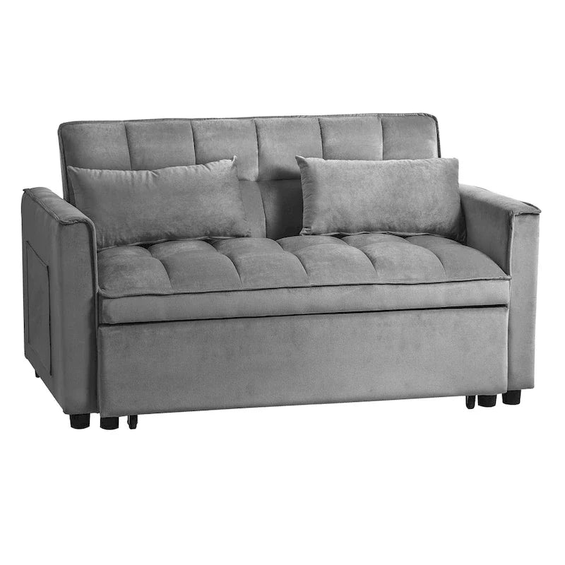 Causeuse futon moderne en velours avec dossier inclinable et poches, 2 places — Gris foncé / Gris clair / Bleu / Noir
