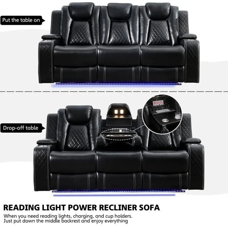 Canapé inclinable électrique avec chargeur sans fil, liseuse pour salon, lumière LED en similicuir, port AC/USB, porte-gobelet, noir