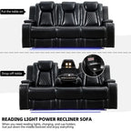 Canapé inclinable électrique avec chargeur sans fil, liseuse pour salon, lumière LED en similicuir, port AC/USB, porte-gobelet, noir