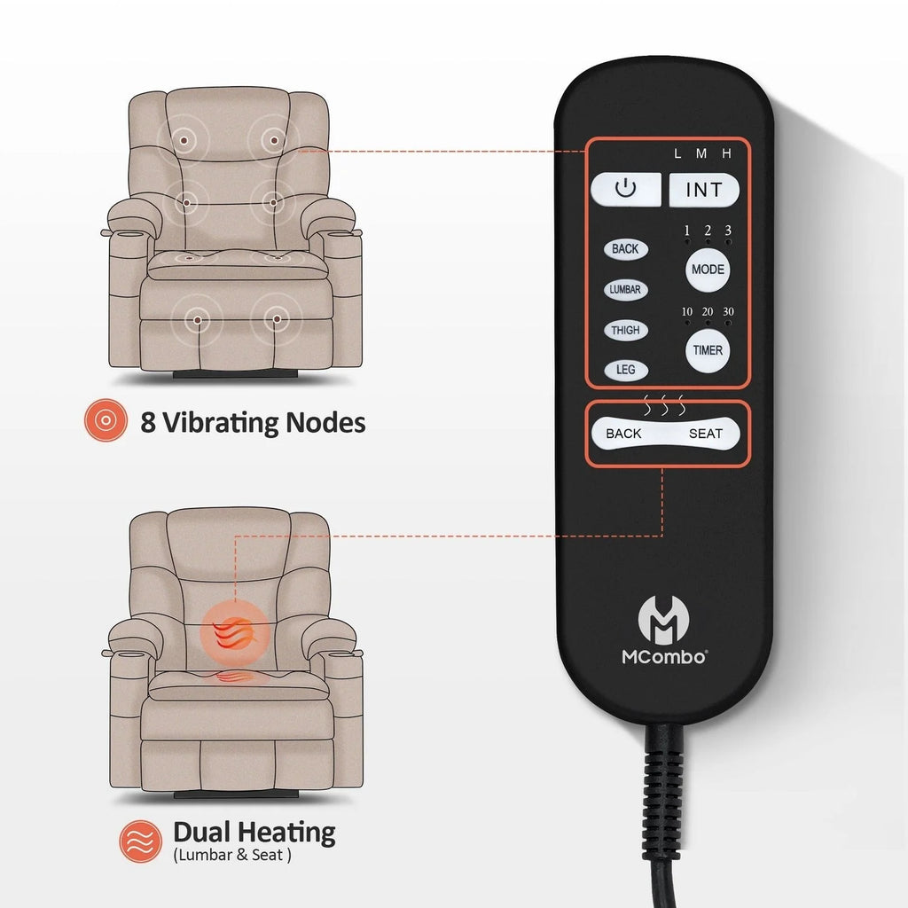 Fauteuil inclinable électrique double moteur grand et large MCombo avec massage et double chauffage pour personnes âgées de grande taille, tissu R7635