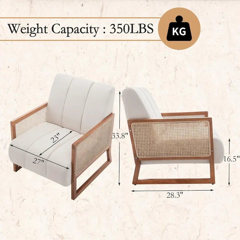 Fauteuils d'appoint en rotin, chaise en rotin naturel rembourrée, fauteuil en lin de style moderne du milieu du siècle, chaises d'appoint pour salon et chambre