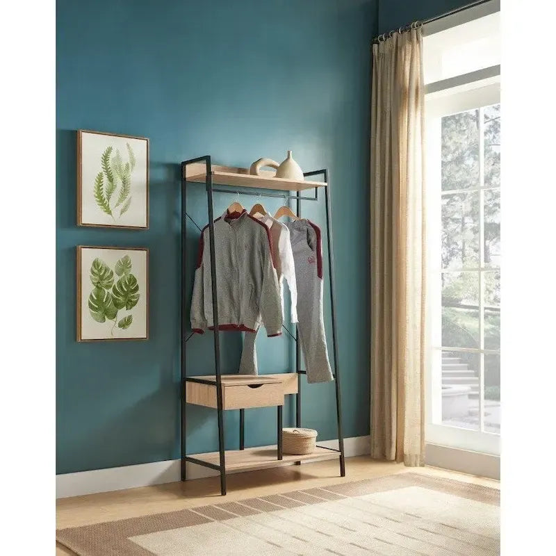 Portant à Vêtements en Métal Armoire Ouverte Autoportante avec Un Tiroir Tringle à Vêtements - Marron Clair