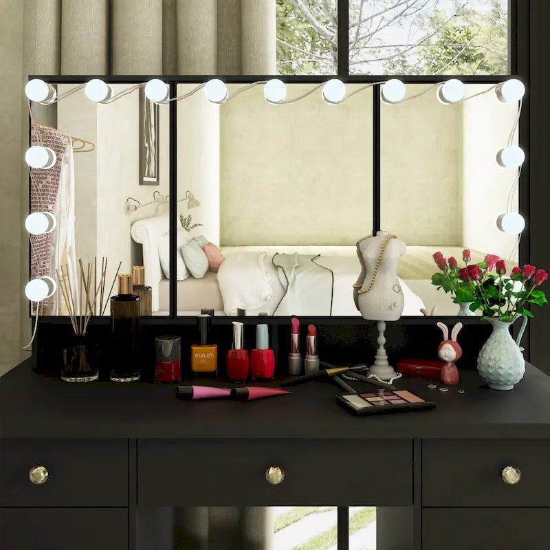 Coiffeuse LED de luxe avec 9 tiroirs, station de maquillage élégante