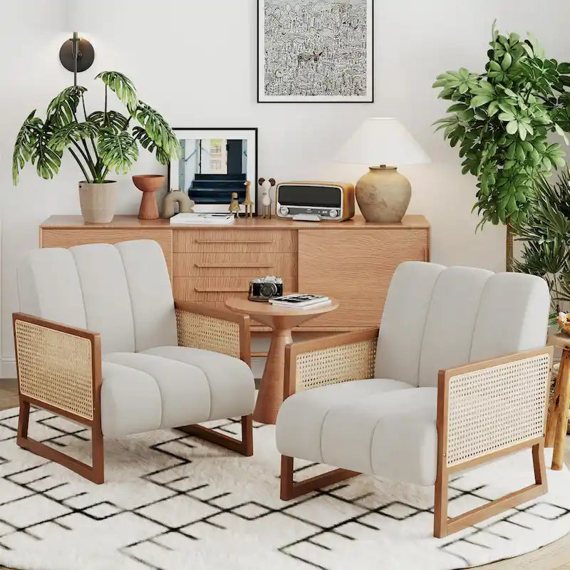 Fauteuils d'appoint en rotin, chaise en rotin naturel rembourrée, fauteuil en lin de style moderne du milieu du siècle, chaises d'appoint pour salon et chambre