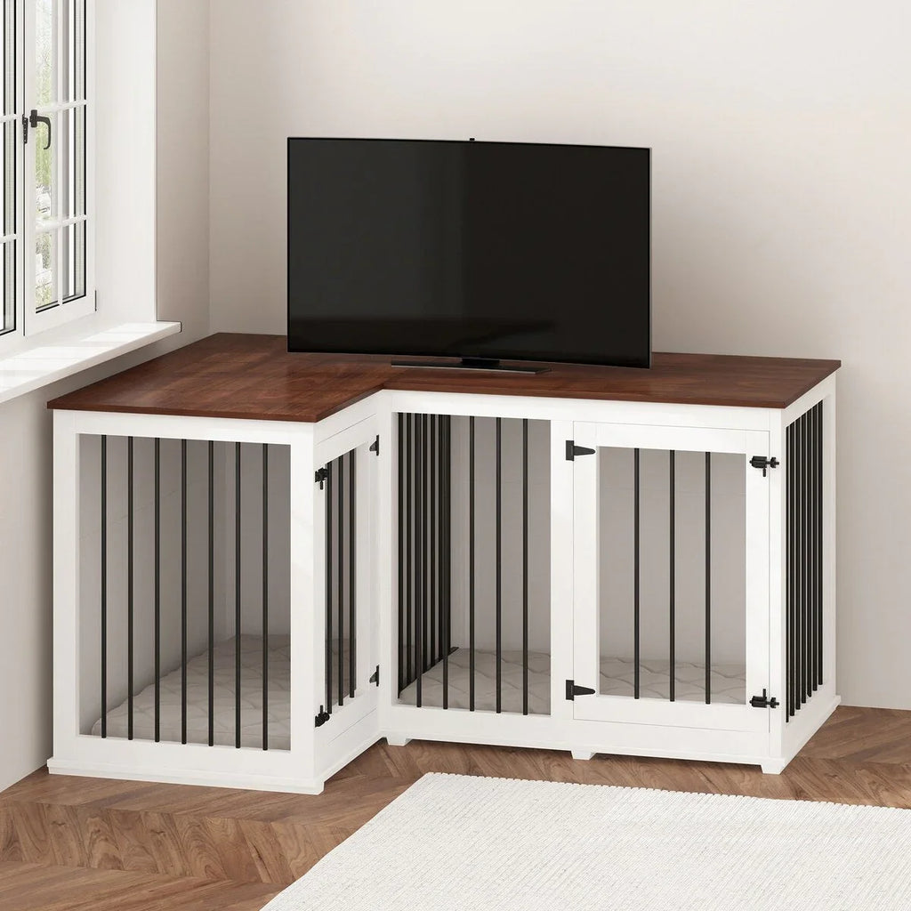 Grand meuble de caisse d'angle pour 2 chiens, cage pour chien en forme de L - 58,7X41,1