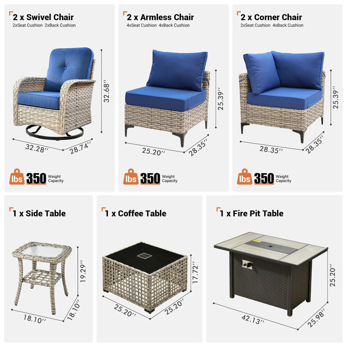 Ensemble de 9 chaises pivotantes en osier d'extérieur OVIOS avec table brasero