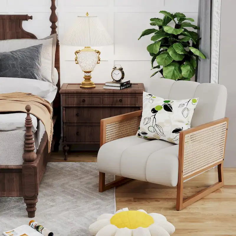 Fauteuils d'appoint en rotin, chaise en rotin naturel rembourrée, fauteuil en lin de style moderne du milieu du siècle, chaises d'appoint pour salon et chambre