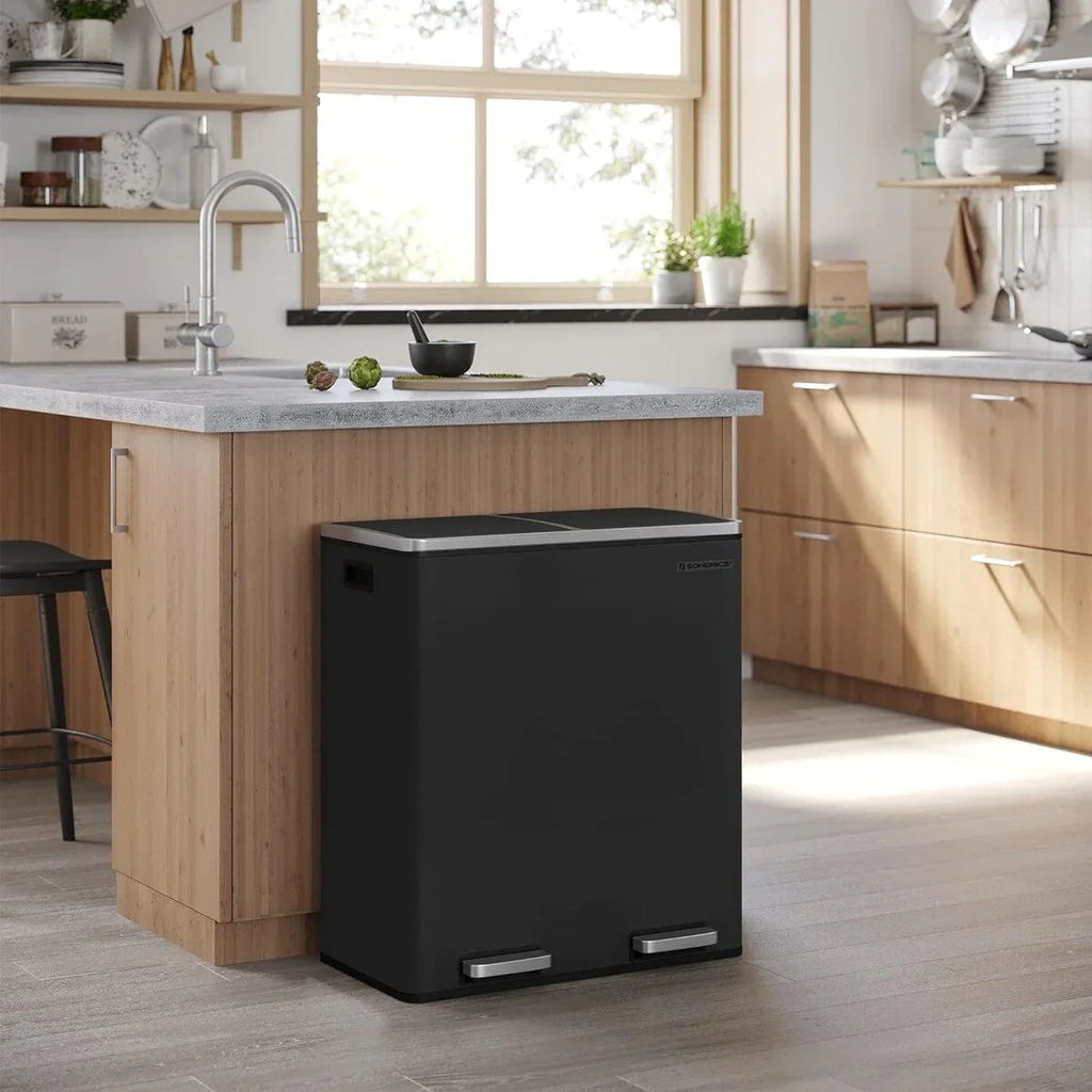 SONGMICS Poubelle double, 60L, en acier inoxydable, noire