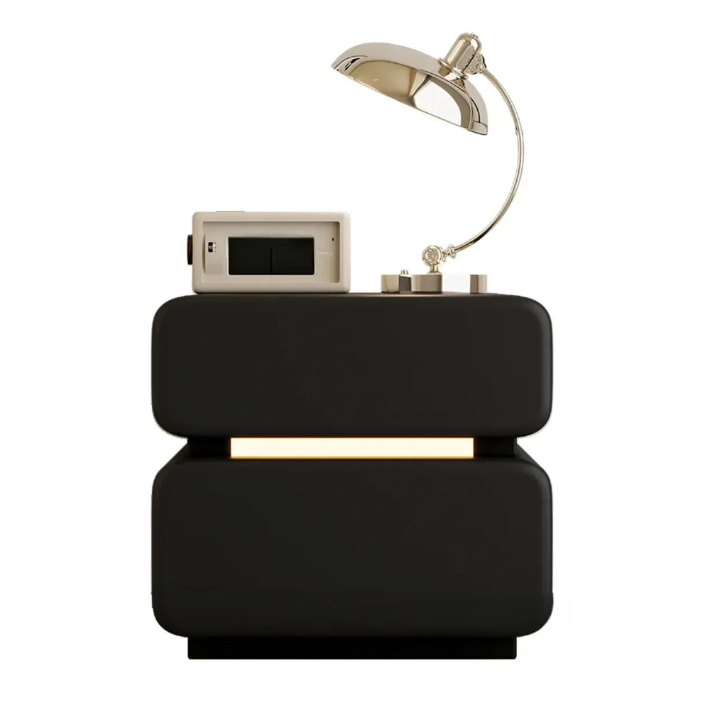 Table de chevet d'appoint moderne en cuir noir avec 2 tiroirs