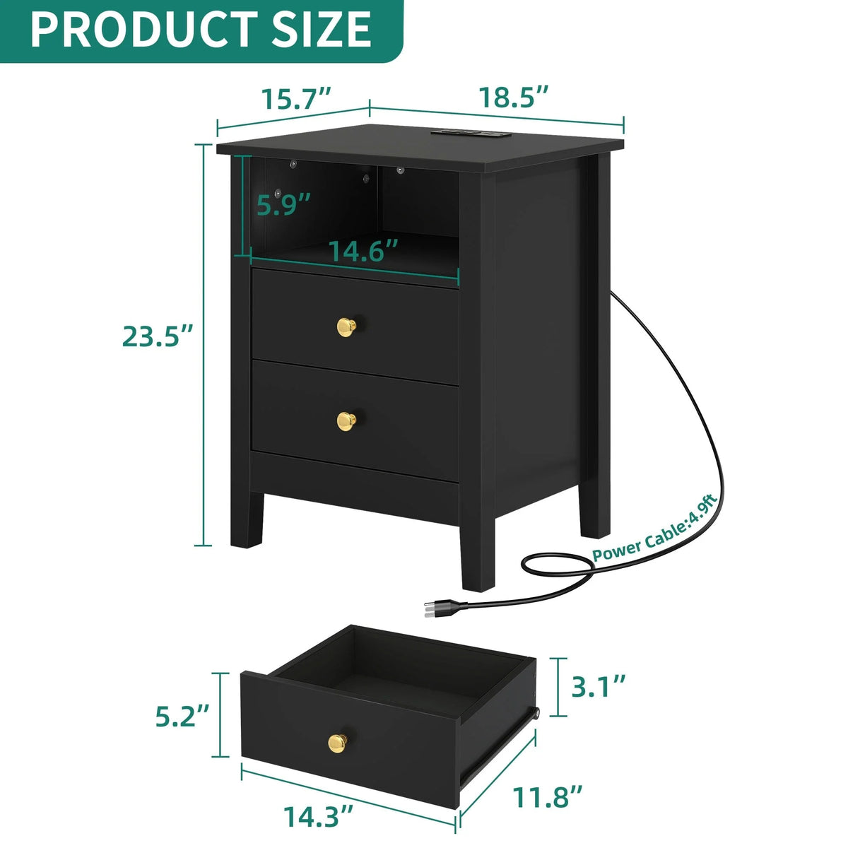 Tables de chevet (lot de 2) avec station de charge, table d'appoint avec 2 tiroirs, ports USB et prises, pour chambre à coucher