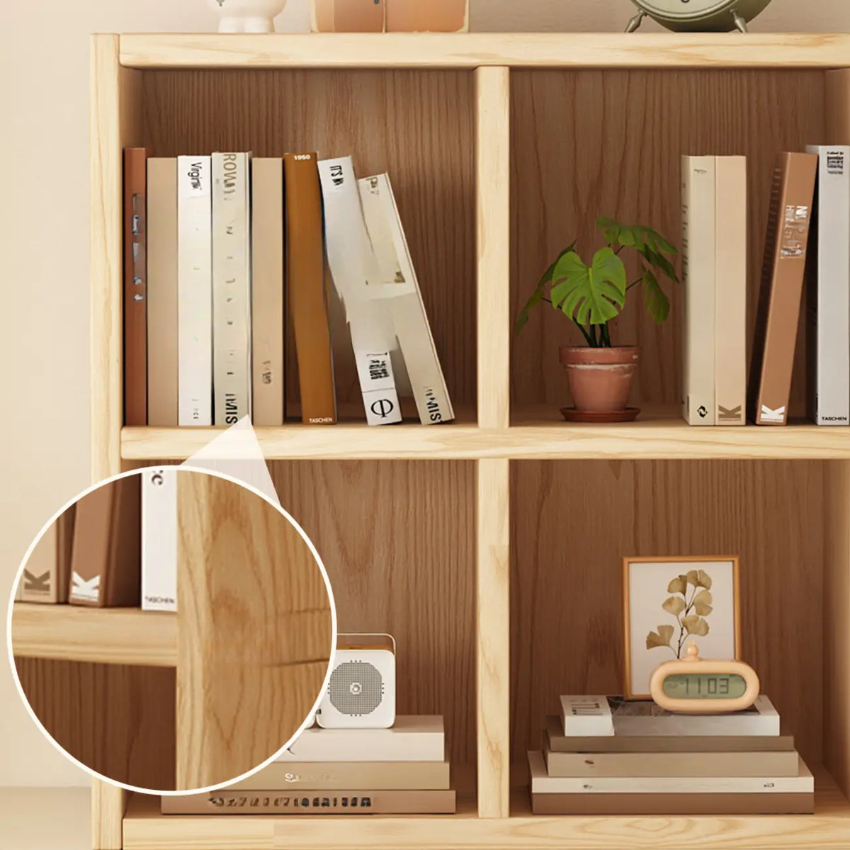Bibliothèque moderne horizontale en bois à 8 cubes, finition naturelle
