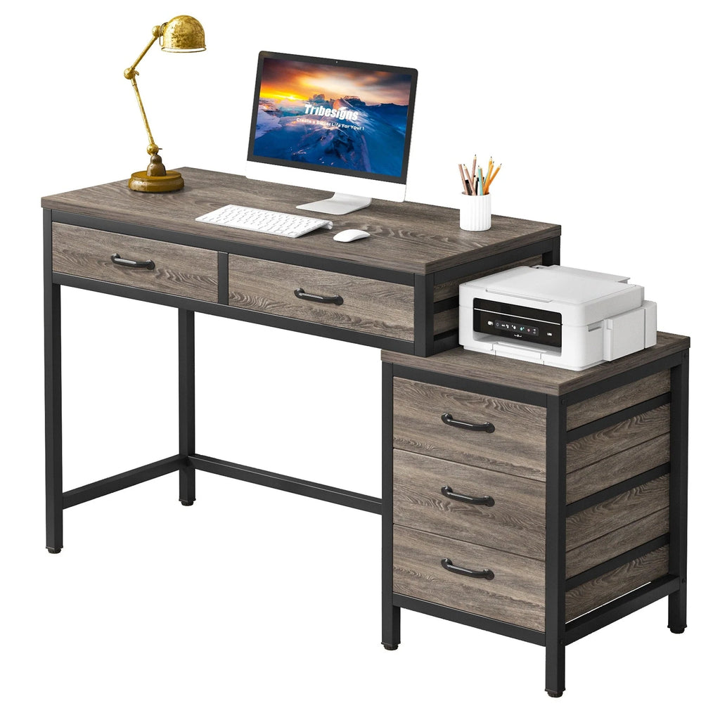 Bureau réversible avec 5 tiroirs, Bureau d'ordinateur de maison avec tiroir classeur et support d'imprimante