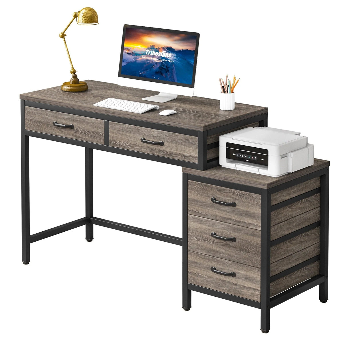 Bureau réversible avec 5 tiroirs, Bureau d'ordinateur de maison avec tiroir classeur et support d'imprimante