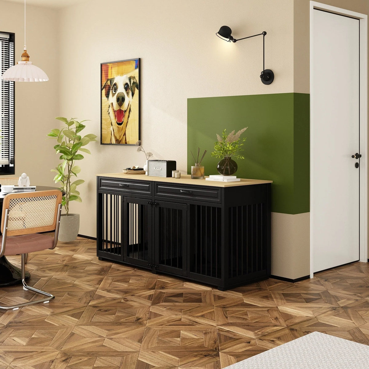 Meuble de chenil double en bois avec 2 tiroirs et séparateur