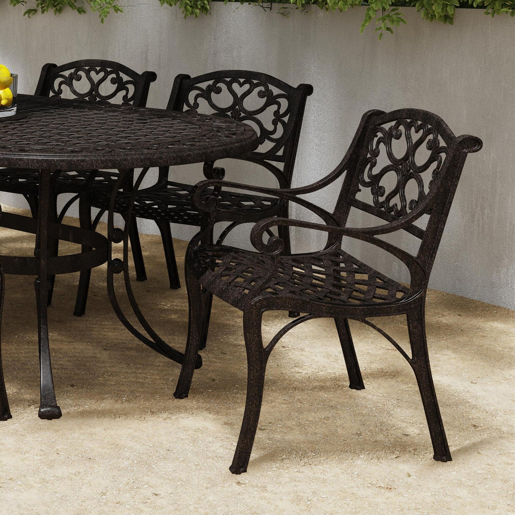 Ensemble de salle à manger d'extérieur 7 pièces en aluminium bronze Sanibel avec table à manger ovale de 72 et six fauteuils par Homestyles