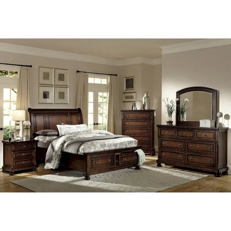 Ensemble de chambre principale 5 pièces avec lit plateforme de rangement fini merisier brun classique