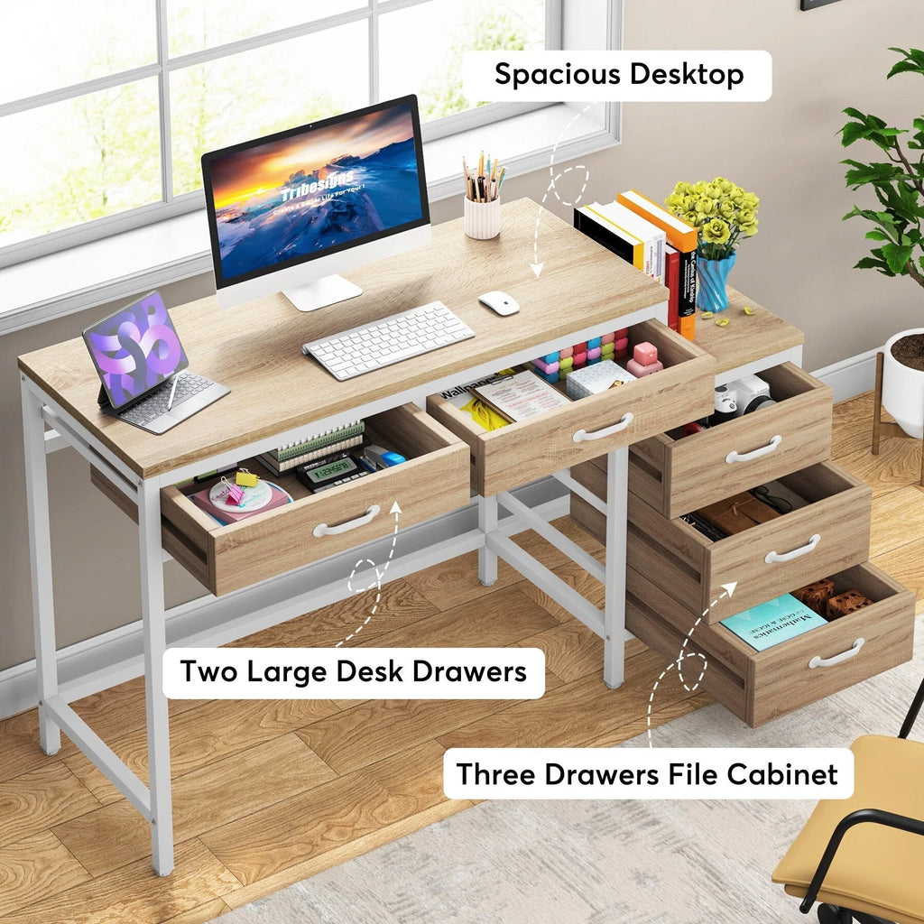 Bureau réversible avec 5 tiroirs, Bureau d'ordinateur de maison avec tiroir classeur et support d'imprimante