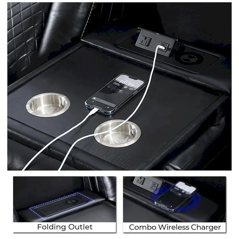 Canapé inclinable électrique avec chargeur sans fil, liseuse pour salon, lumière LED en similicuir, port AC/USB, porte-gobelet, noir