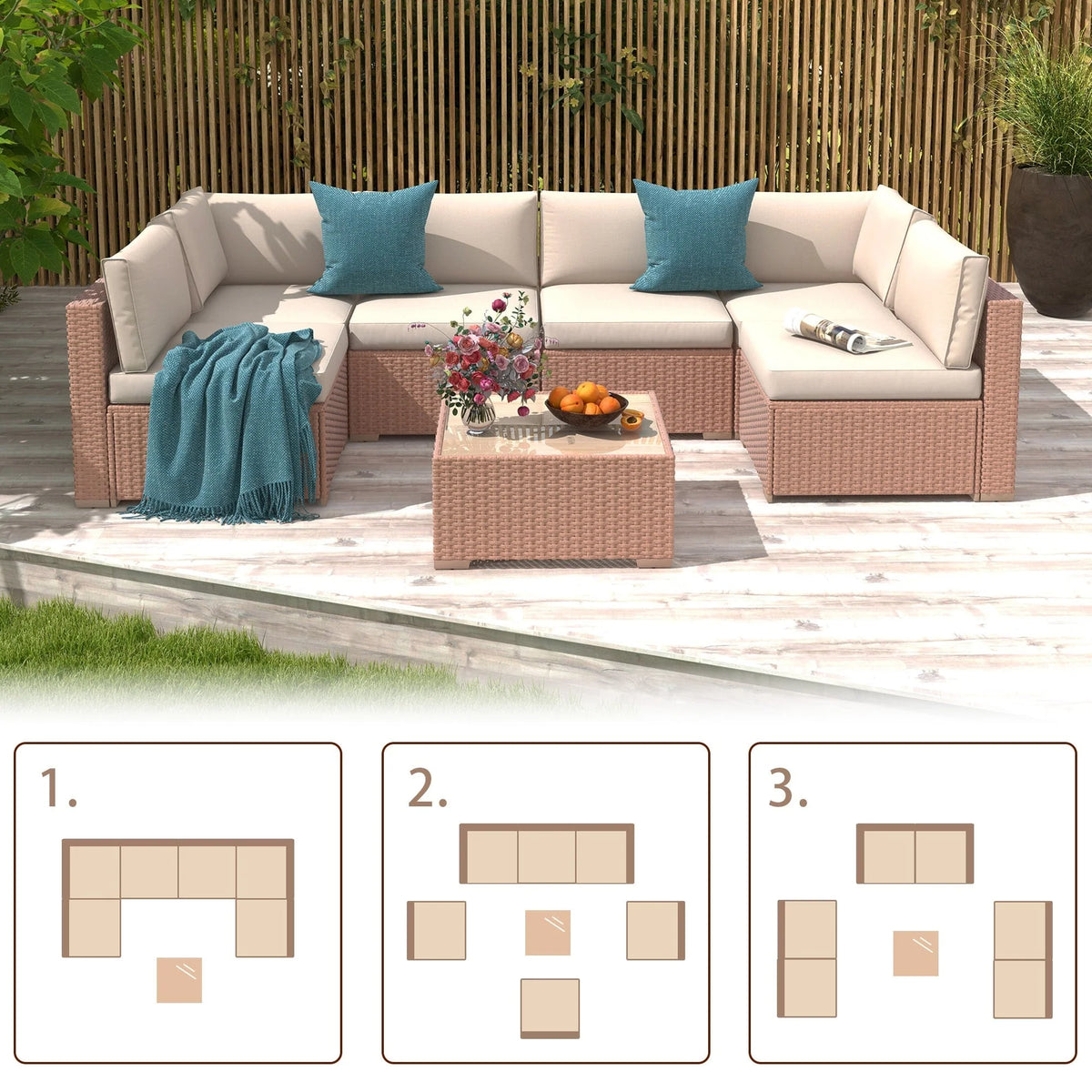 Ensemble de canapé d'angle d'extérieur 7 pièces en osier/acier avec coussins