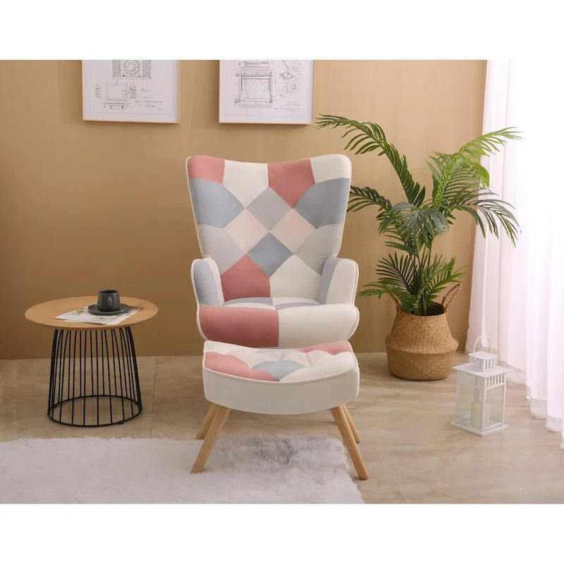 Fauteuil d'appoint avec pouf, ensemble fauteuil et pouf de salon, fauteuil d'appoint confortable pour chambre à coucher, surface en tissu à épissures créatives