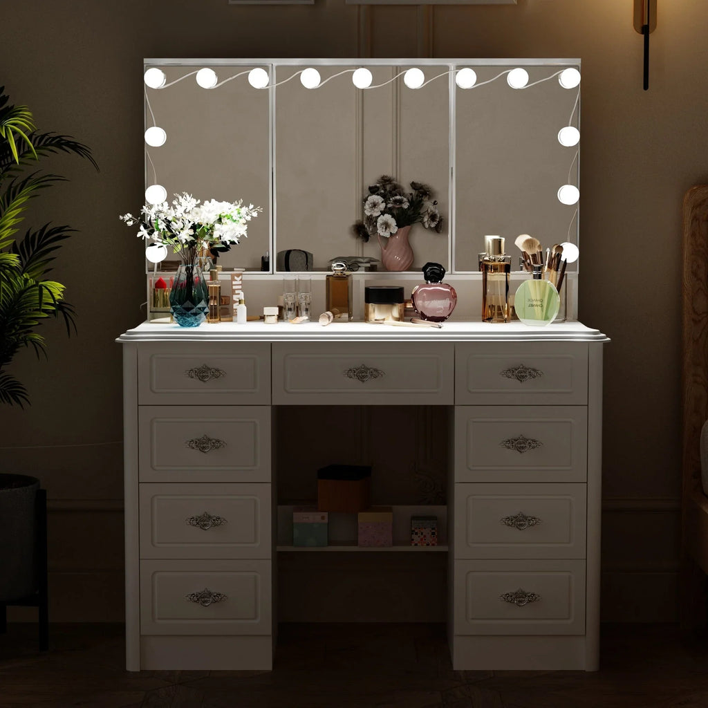 Coiffeuse moderne blanche avec miroir pliable éclairage réglable - 102,1 x 137,4 cm