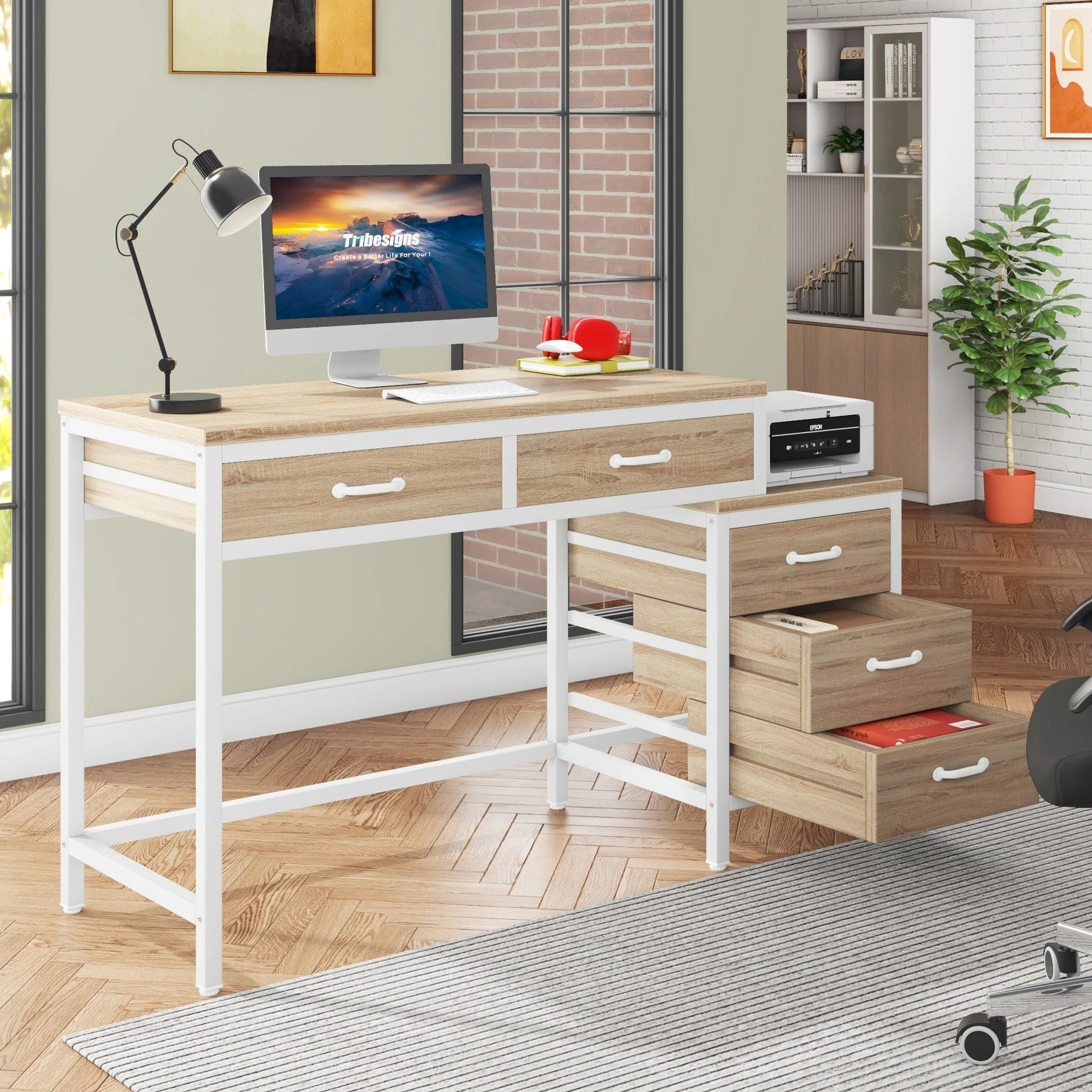 Bureau réversible avec 5 tiroirs, Bureau d'ordinateur de maison avec tiroir classeur et support d'imprimante