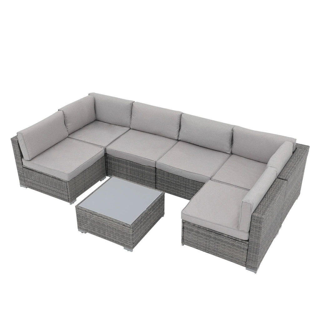 Ensemble de canapé d'angle d'extérieur 7 pièces en osier/acier avec coussins