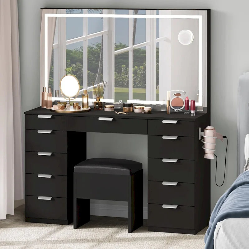 Moasis 46 Coiffeuse avec prise intégrée, miroir éclairé et support pour sèche-cheveux – 55,8 H x 46 L x 11,7 P
