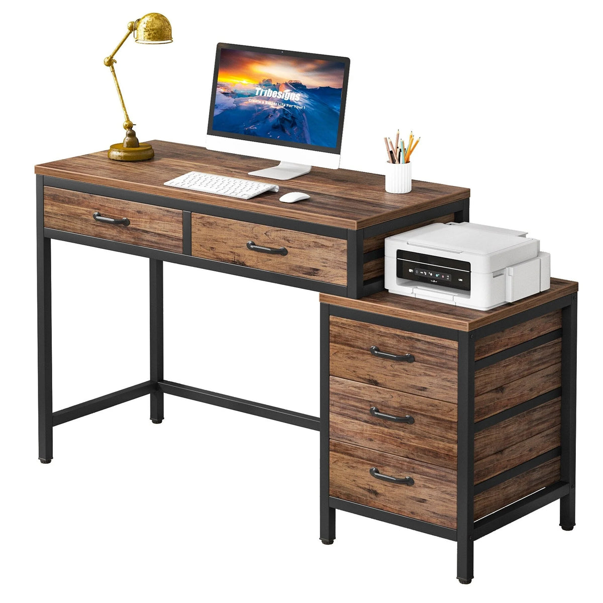 Bureau réversible avec 5 tiroirs, Bureau d'ordinateur de maison avec tiroir classeur et support d'imprimante