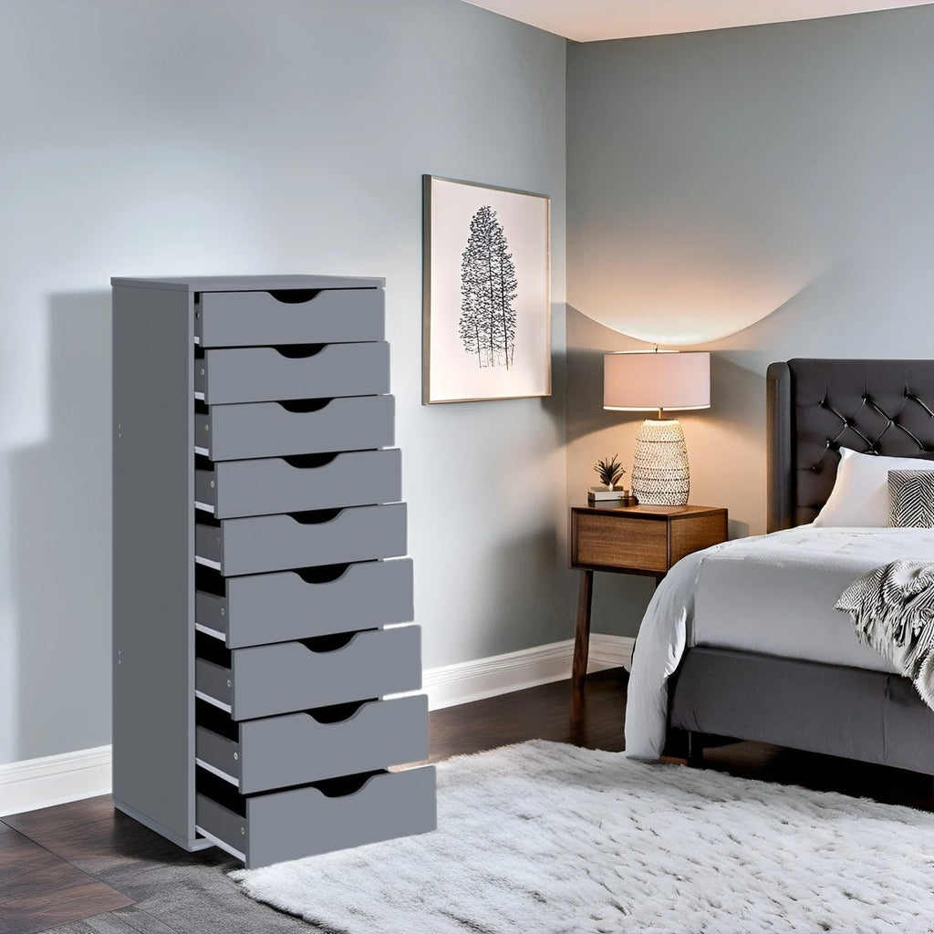 Étroite commode en bois à 9 tiroirs coulissants et étagère de rangement supérieure