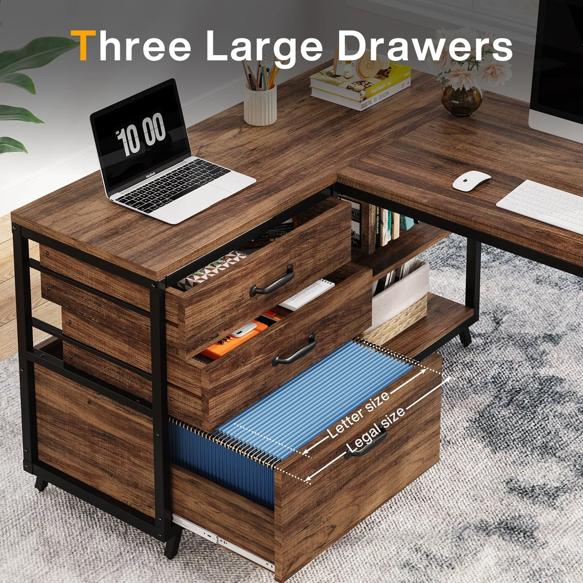Bureau d'angle en L réversible avec tiroirs de classement, bureau d'ordinateur d'angle
